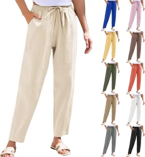 Cotton Linen Pants Women Lightweight Summer Joggers Drawstring Straight Leg Trousers Casual Beach Pants with Pockets