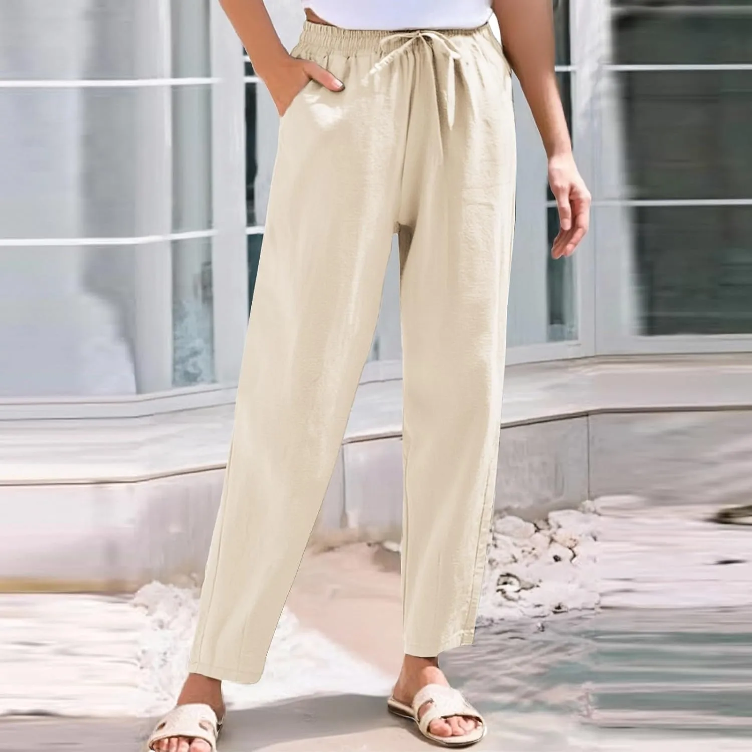 Cotton Linen Pants Women Lightweight Summer Joggers Drawstring Straight Leg Trousers Casual Beach Pants with Pockets