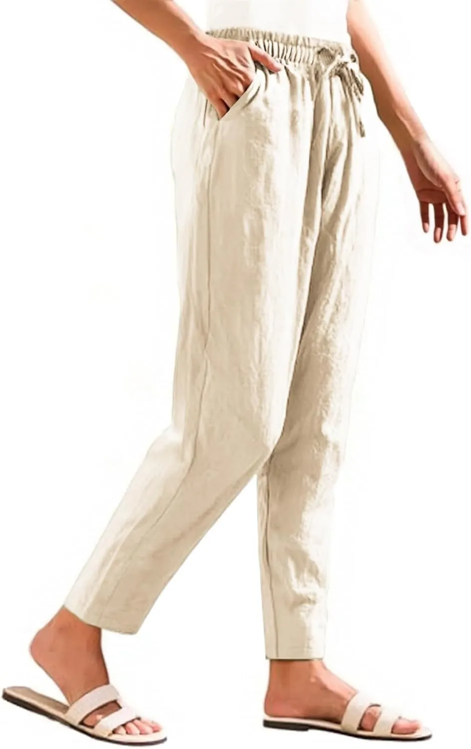 Cotton Linen Pants Women Lightweight Summer Joggers Drawstring Straight Leg Trousers Casual Beach Pants with Pockets