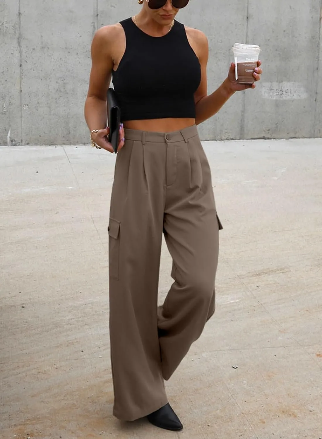 Dokotoo Womens High Waisted Wide Leg Cargo Pants Baggy Casual Trendy Work Pants with 4 Pockets