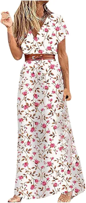Dresses for Women 2025 Summer Wrap Maxi Dress Casual Boho Floral V Neck Short Sleeve Split Beach Long Dresses