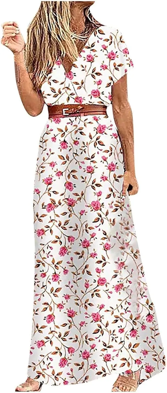 Dresses for Women 2025 Summer Wrap Maxi Dress Casual Boho Floral V Neck Short Sleeve Split Beach Long Dresses