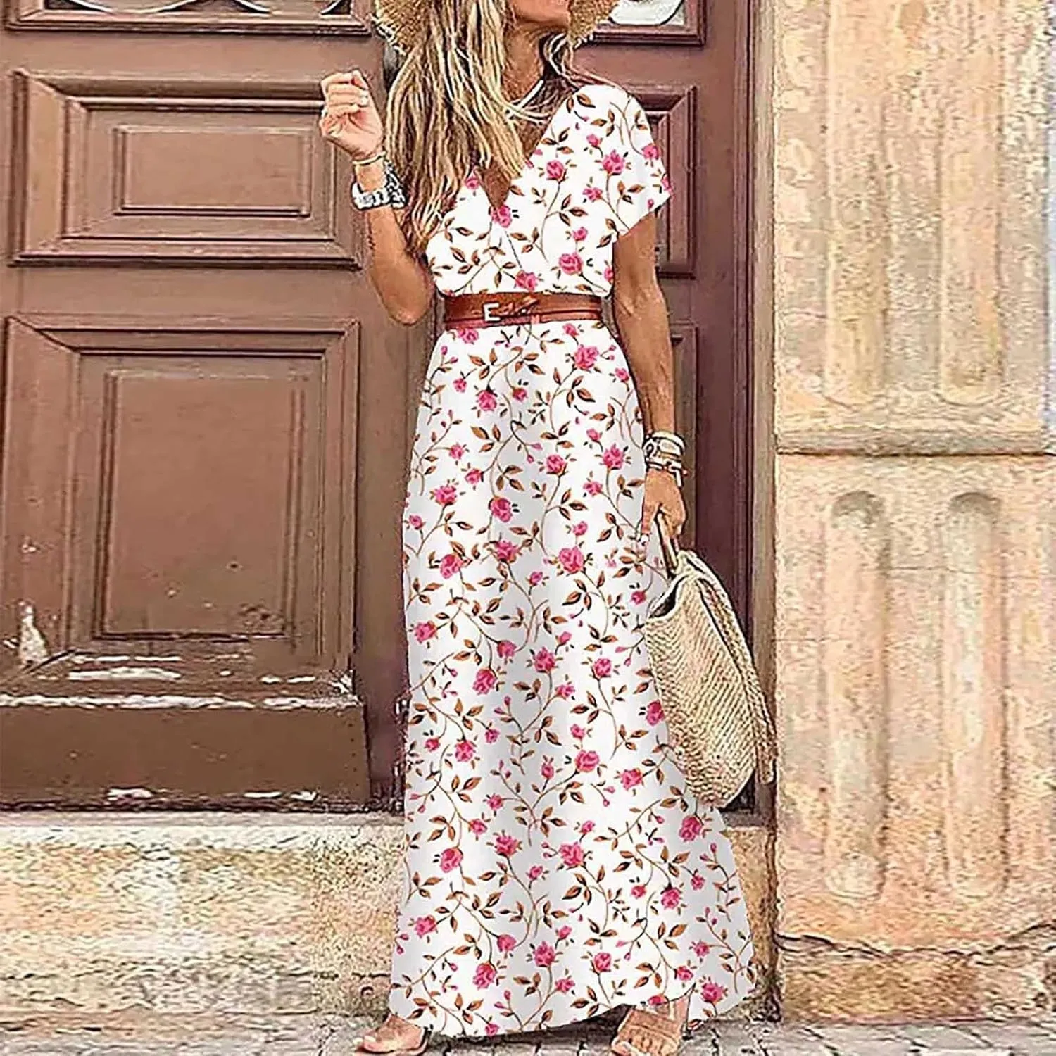 Dresses for Women 2025 Summer Wrap Maxi Dress Casual Boho Floral V Neck Short Sleeve Split Beach Long Dresses