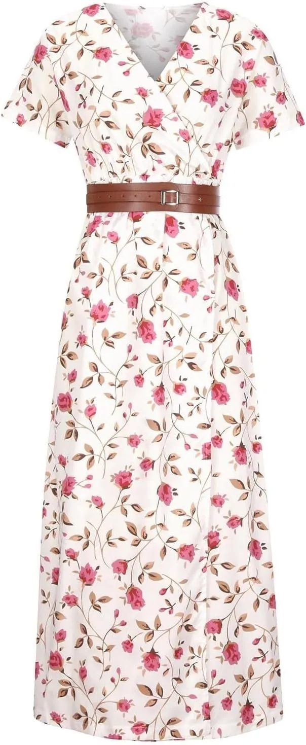 Dresses for Women 2025 Summer Wrap Maxi Dress Casual Boho Floral V Neck Short Sleeve Split Beach Long Dresses