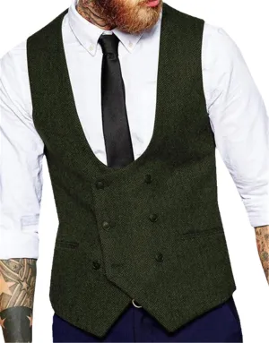 Dvbfufv Men's Suit Vest U-Neck Wool Herringbone Tweed Waistcoat Jacket Silm Fit Casual Formal Wedding Vests