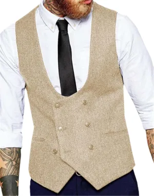 Dvbfufv Men's Suit Vest U-Neck Wool Herringbone Tweed Waistcoat Jacket Silm Fit Casual Formal Wedding Vests