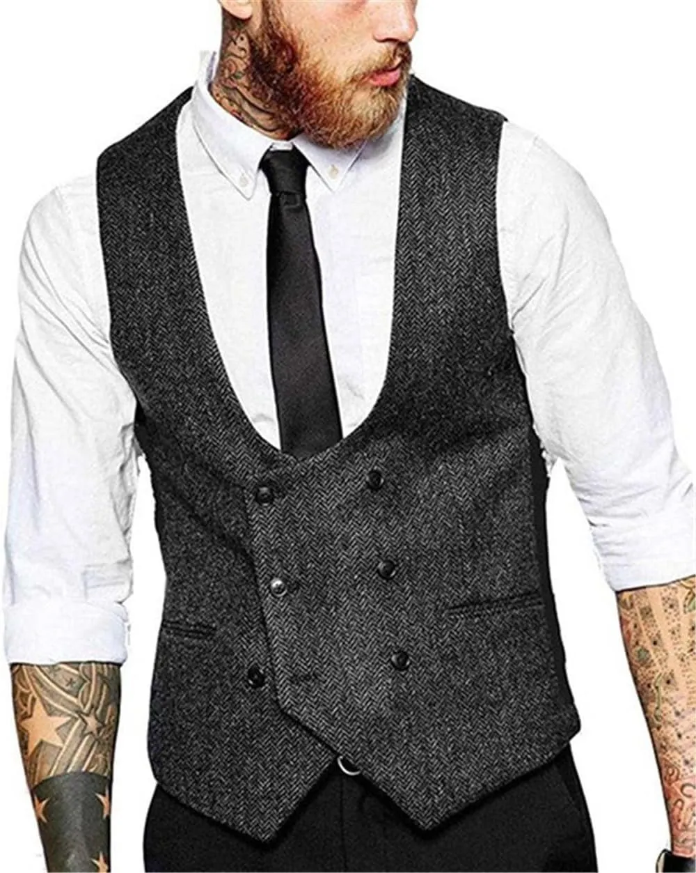 Dvbfufv Men's Suit Vest U-Neck Wool Herringbone Tweed Waistcoat Jacket Silm Fit Casual Formal Wedding Vests