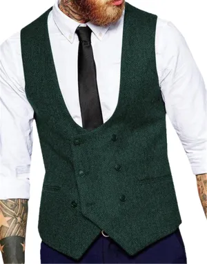 Dvbfufv Men's Suit Vest U-Neck Wool Herringbone Tweed Waistcoat Jacket Silm Fit Casual Formal Wedding Vests