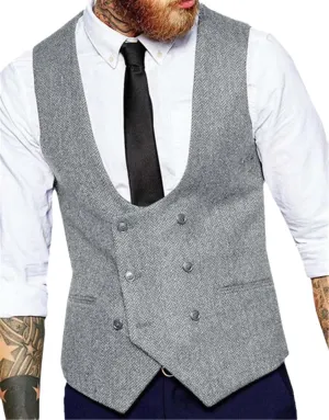 Dvbfufv Men's Suit Vest U-Neck Wool Herringbone Tweed Waistcoat Jacket Silm Fit Casual Formal Wedding Vests