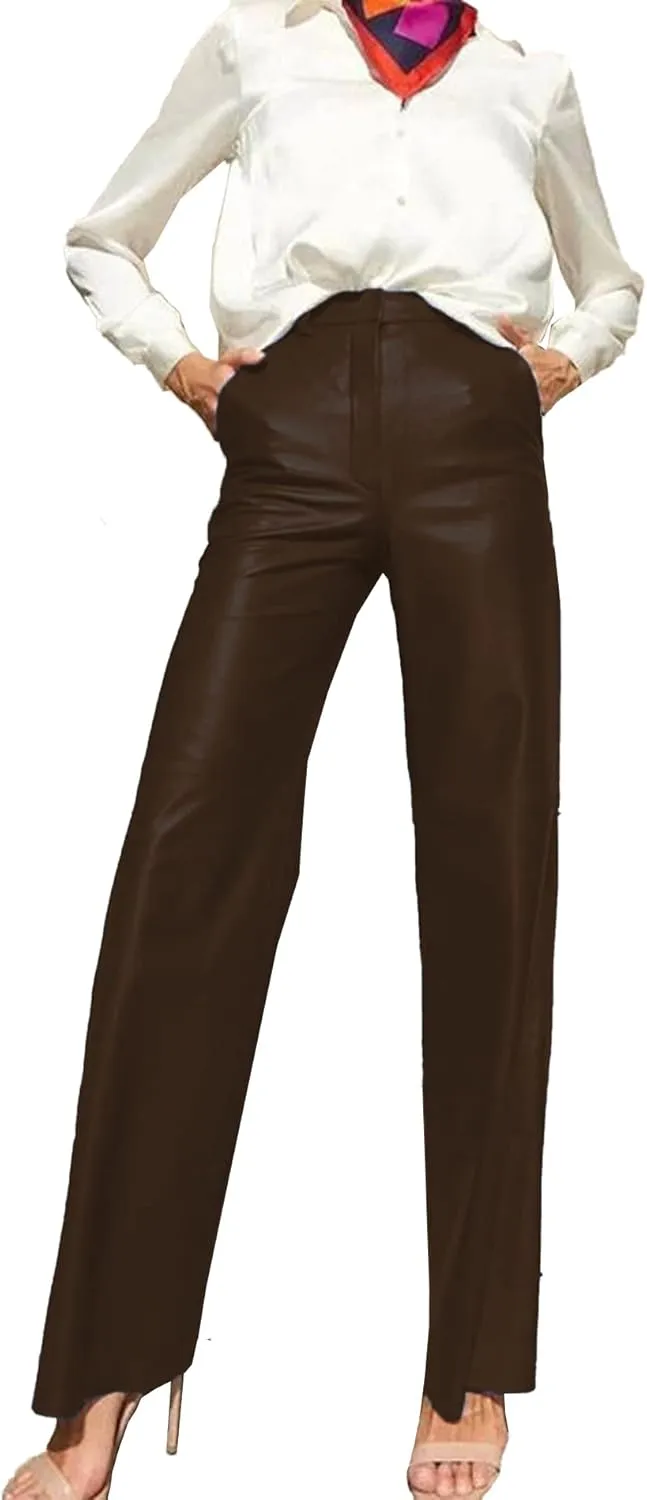 ECDAHICC Women's Faux Leather Pants High Waist Straight Wide Leg PU Legging Casual Solid Color Trousers with Pockets