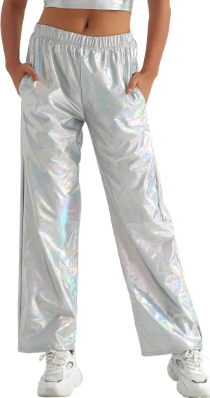 FEOYA Women's Shiny Metallic Rave Pants Elastic High Waist Wide Leg Trousers Hip Hop Disco Jogger Sweatpants Clubwear