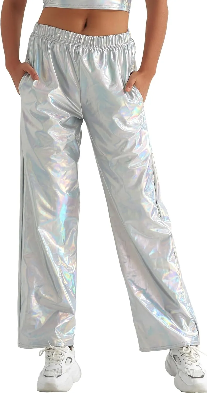 FEOYA Women's Shiny Metallic Rave Pants Elastic High Waist Wide Leg Trousers Hip Hop Disco Jogger Sweatpants Clubwear