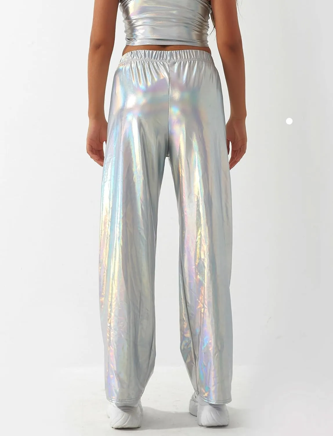 FEOYA Women's Shiny Metallic Rave Pants Elastic High Waist Wide Leg Trousers Hip Hop Disco Jogger Sweatpants Clubwear