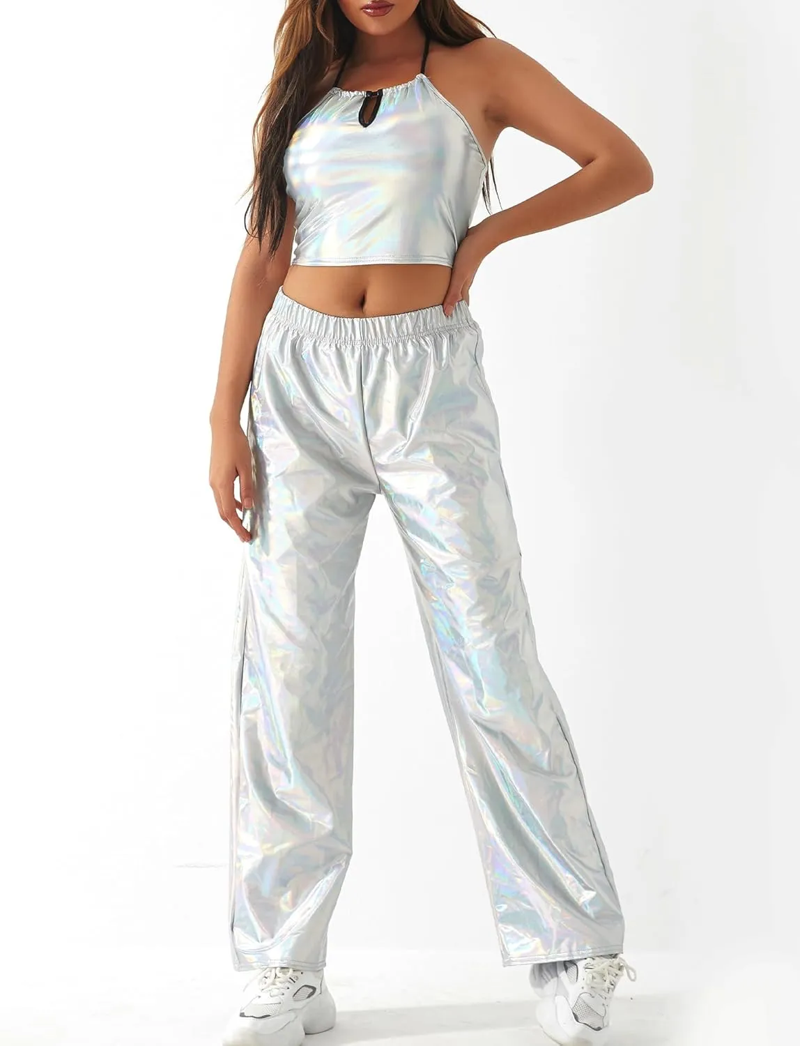 FEOYA Women's Shiny Metallic Rave Pants Elastic High Waist Wide Leg Trousers Hip Hop Disco Jogger Sweatpants Clubwear