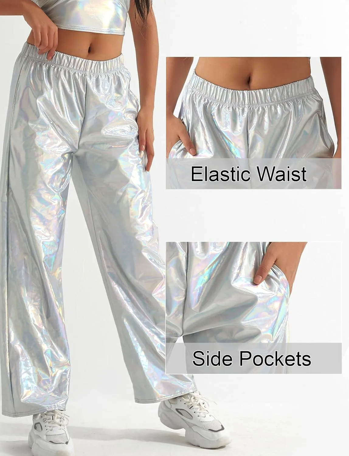 FEOYA Women's Shiny Metallic Rave Pants Elastic High Waist Wide Leg Trousers Hip Hop Disco Jogger Sweatpants Clubwear