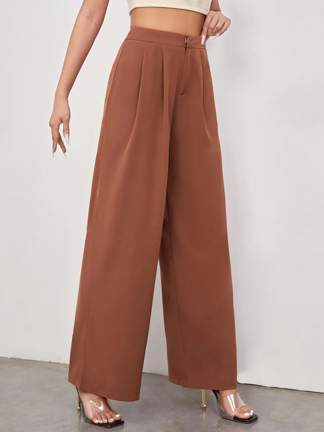 Floerns Women's Casual High Waisted Pleated Wide Leg Palazzo Pants Trousers