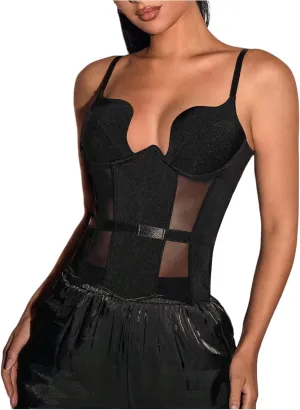 Floerns Women's Contrast Mesh Sleeveless Camisole Sheer Club Party Cami Tops