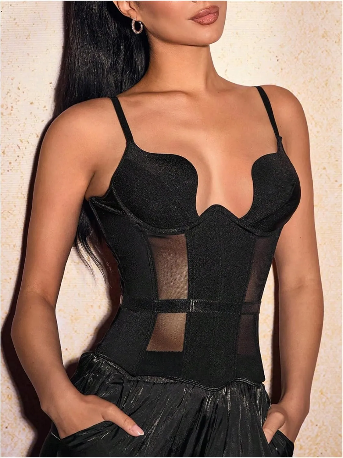 Floerns Women's Contrast Mesh Sleeveless Camisole Sheer Club Party Cami Tops