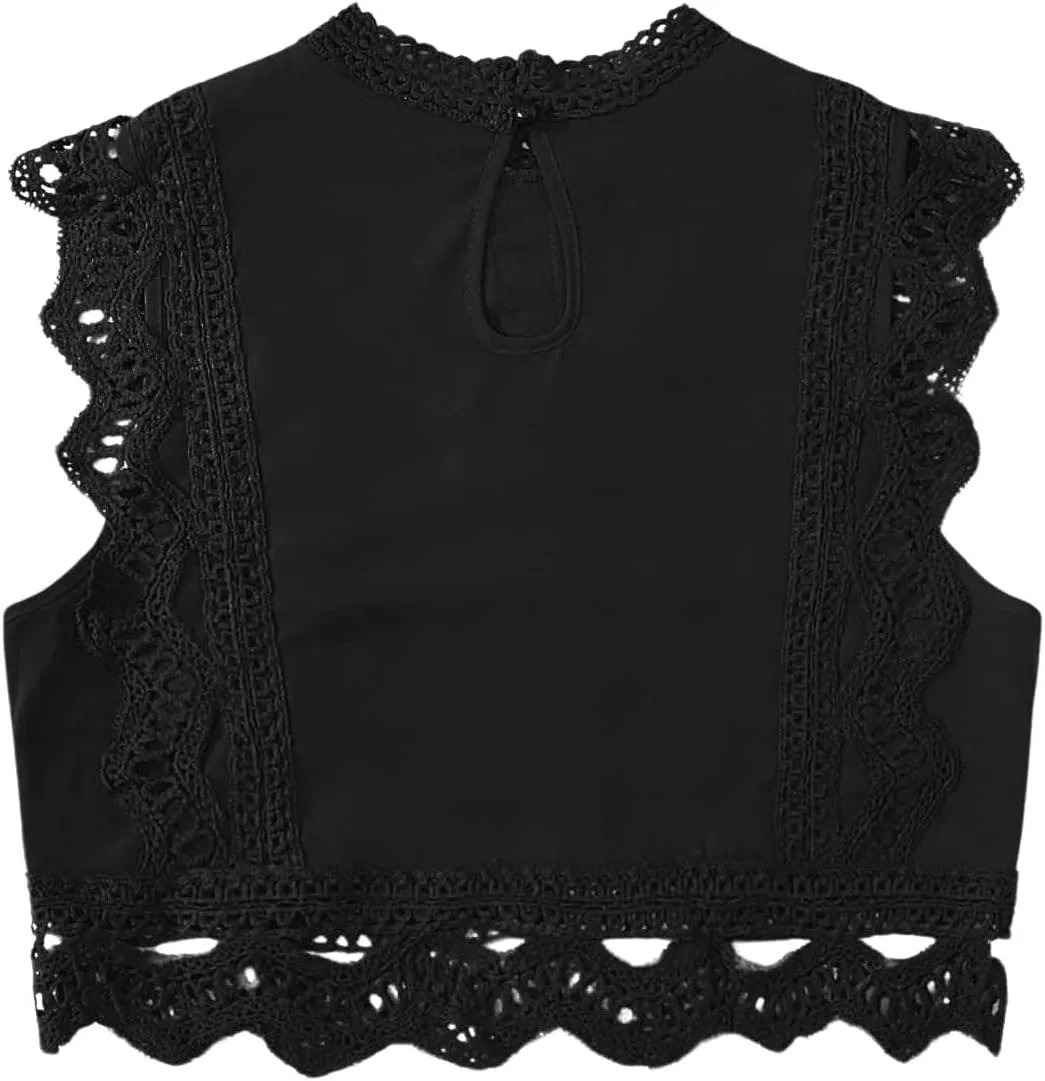 Floerns Women's Mock Neck Guipure Lace Trim Embroidery Blouse Tops