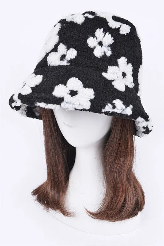 Flower Printed Faux Fur Bucket Hat