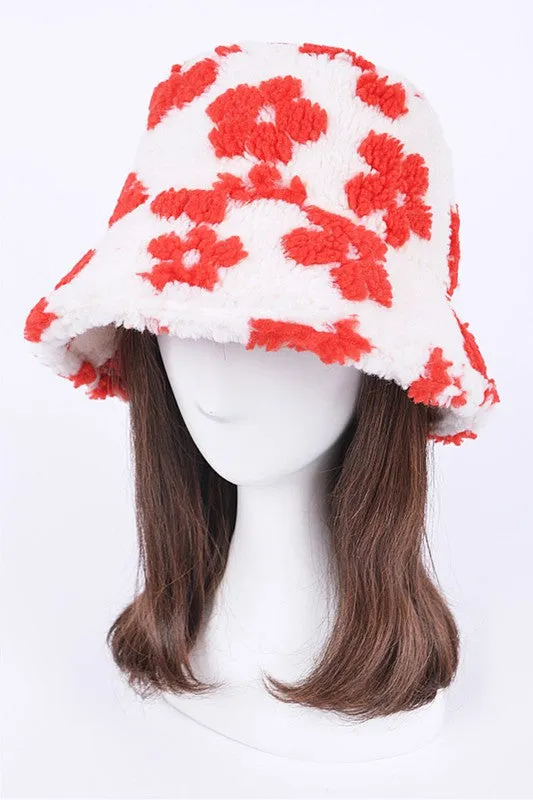 Flower Printed Faux Fur Bucket Hat