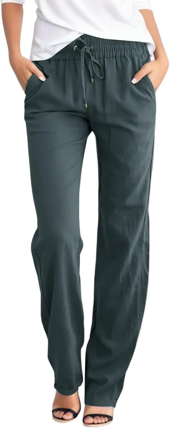 Flowy Pants for Women Elastic Waist Wide Leg Trousers Lightweight Linen Blend Casual Summer Beachwear Loose Fit