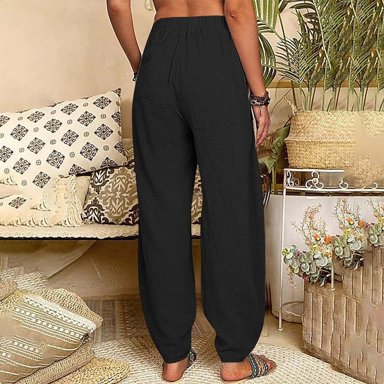 Flowy Pants for Women Straight Leg Cotton Linen Palazzo Trousers Elastic High Waisted Summer Casual Beach Outfit