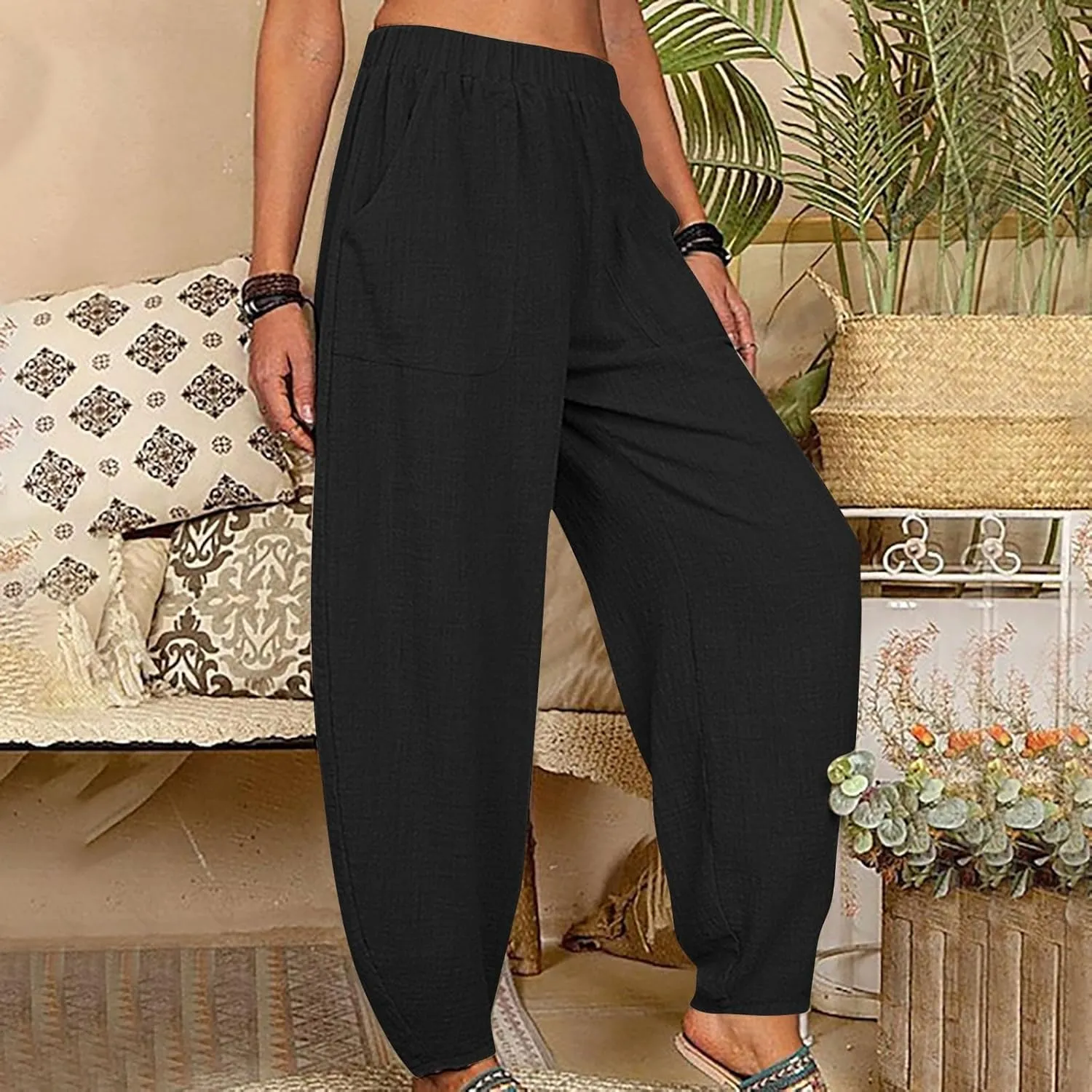 Flowy Pants for Women Straight Leg Cotton Linen Palazzo Trousers Elastic High Waisted Summer Casual Beach Outfit