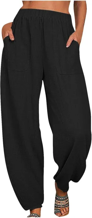Flowy Pants for Women Straight Leg Cotton Linen Palazzo Trousers Elastic High Waisted Summer Casual Beach Outfit
