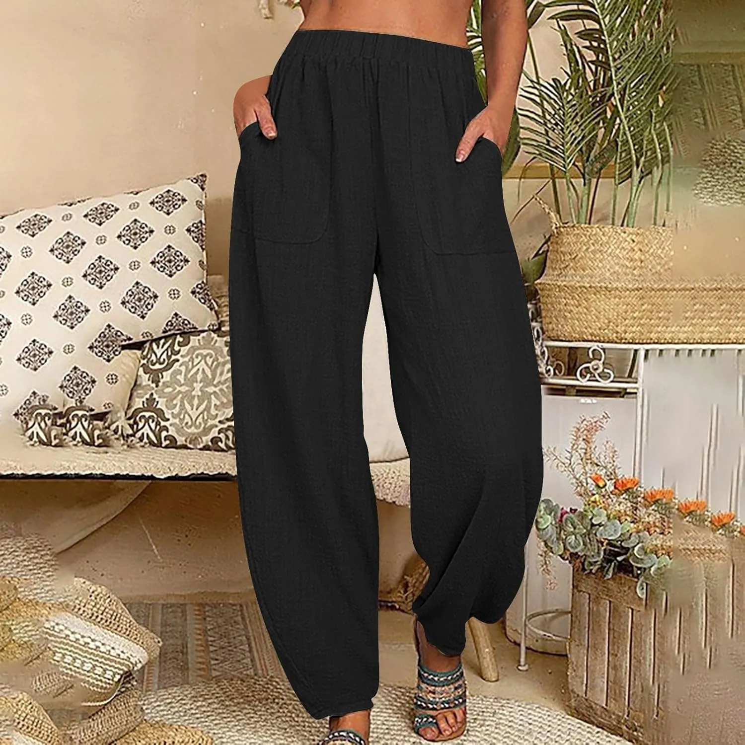 Flowy Pants for Women Straight Leg Cotton Linen Palazzo Trousers Elastic High Waisted Summer Casual Beach Outfit