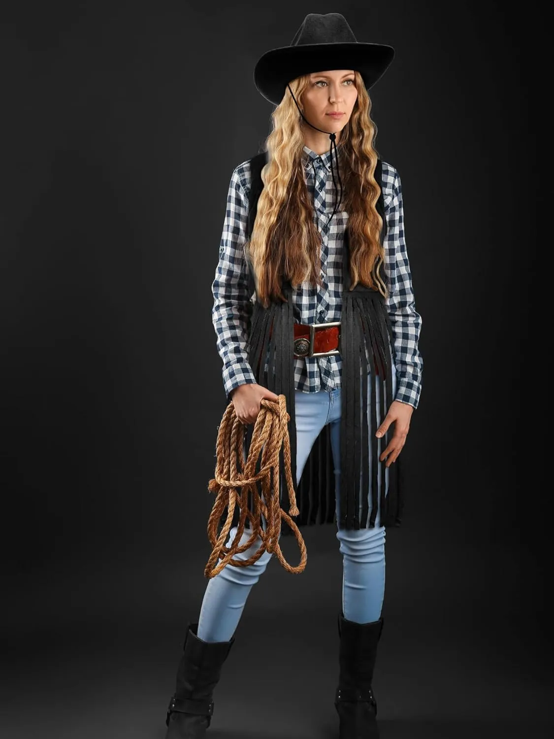 Foaincore Fringe Vests Cowgirl Outfits for Women 70s Hippie Clothes Vest Jacket Faux Suede Tassels Western Cowgirl Hat