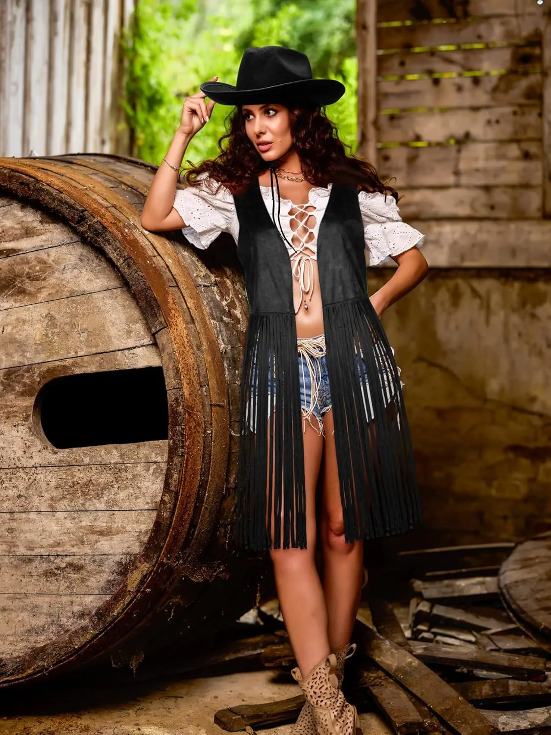 Foaincore Fringe Vests Cowgirl Outfits for Women 70s Hippie Clothes Vest Jacket Faux Suede Tassels Western Cowgirl Hat