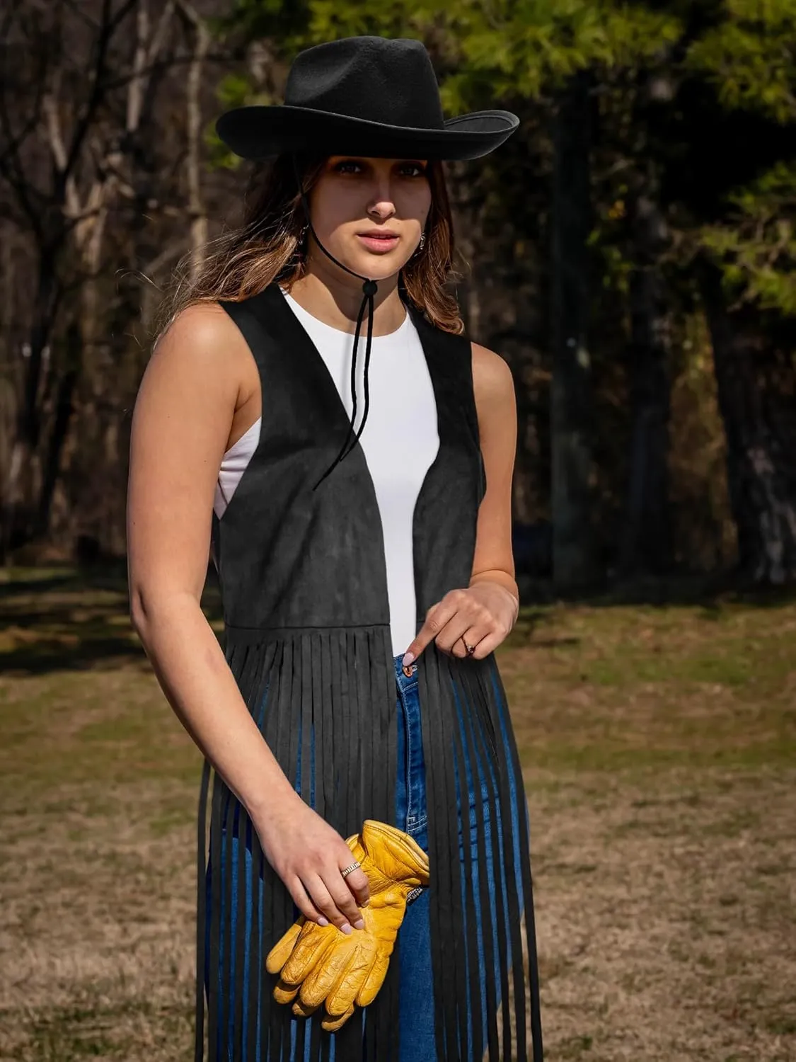 Foaincore Fringe Vests Cowgirl Outfits for Women 70s Hippie Clothes Vest Jacket Faux Suede Tassels Western Cowgirl Hat
