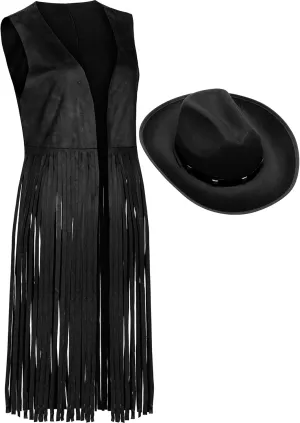 Foaincore Fringe Vests Cowgirl Outfits for Women 70s Hippie Clothes Vest Jacket Faux Suede Tassels Western Cowgirl Hat