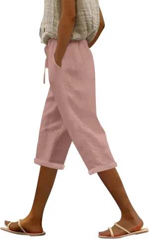 Gauze Beach Pants for Women Cotton Linen Elastic Seven Pants Beach Casual Pants Linen Loose Fit Drawstring Trousers