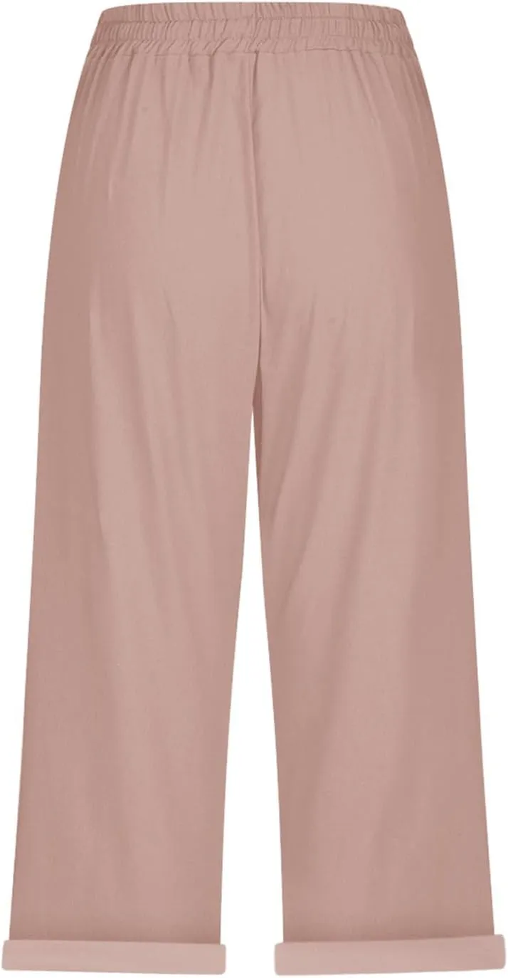 Gauze Beach Pants for Women Cotton Linen Elastic Seven Pants Beach Casual Pants Linen Loose Fit Drawstring Trousers