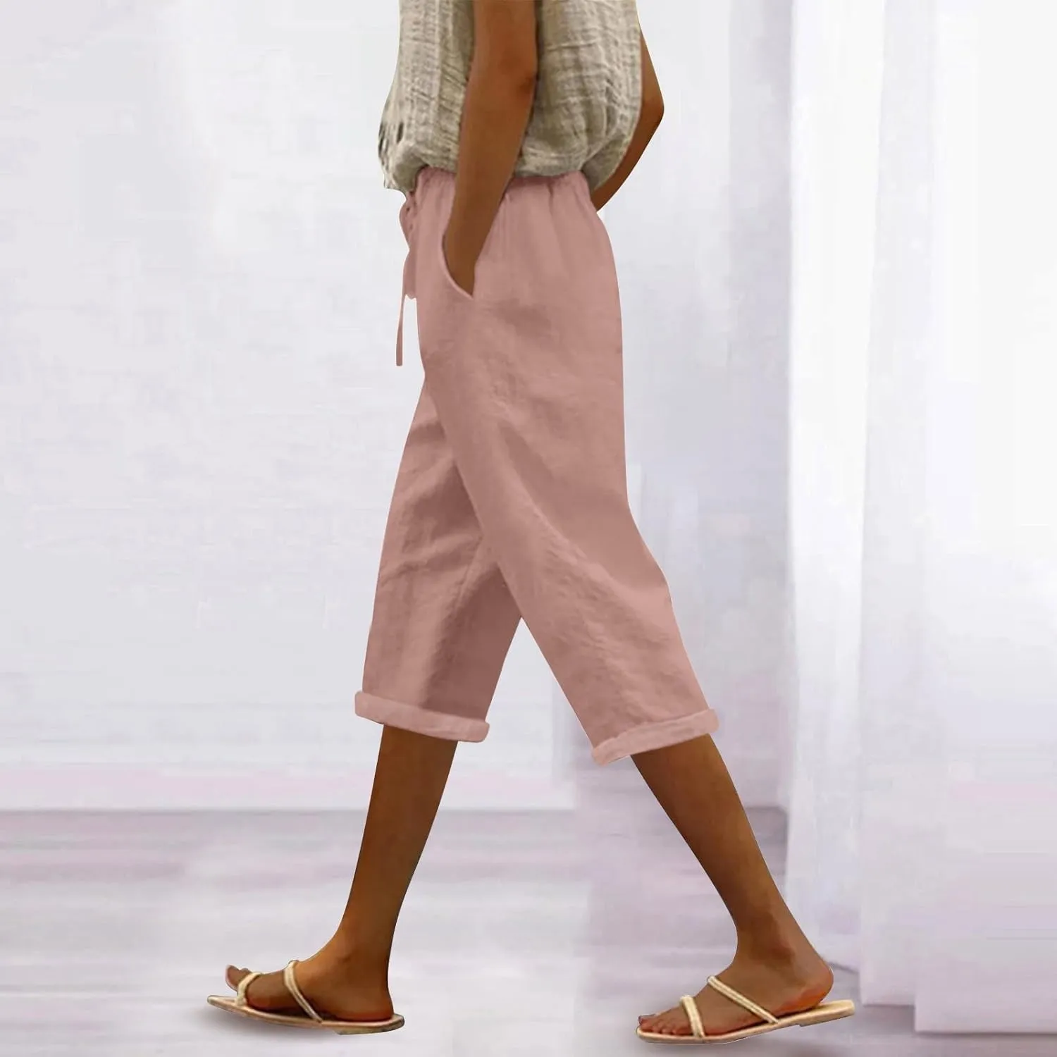 Gauze Beach Pants for Women Cotton Linen Elastic Seven Pants Beach Casual Pants Linen Loose Fit Drawstring Trousers