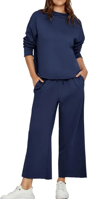 Glamaker Womens 2 Piece Lounge Set Casual Long Sleeve Mock Neck Tops Wide Leg Pant Tracksuit Vacation Travel Outfit 2025