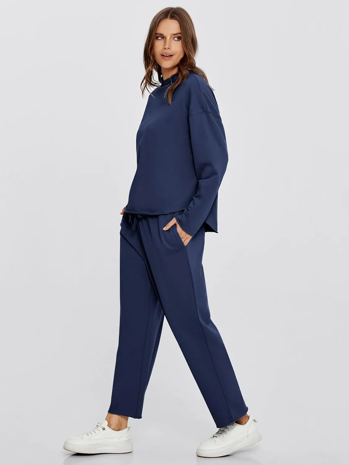 Glamaker Womens 2 Piece Lounge Set Casual Long Sleeve Mock Neck Tops Wide Leg Pant Tracksuit Vacation Travel Outfit 2025