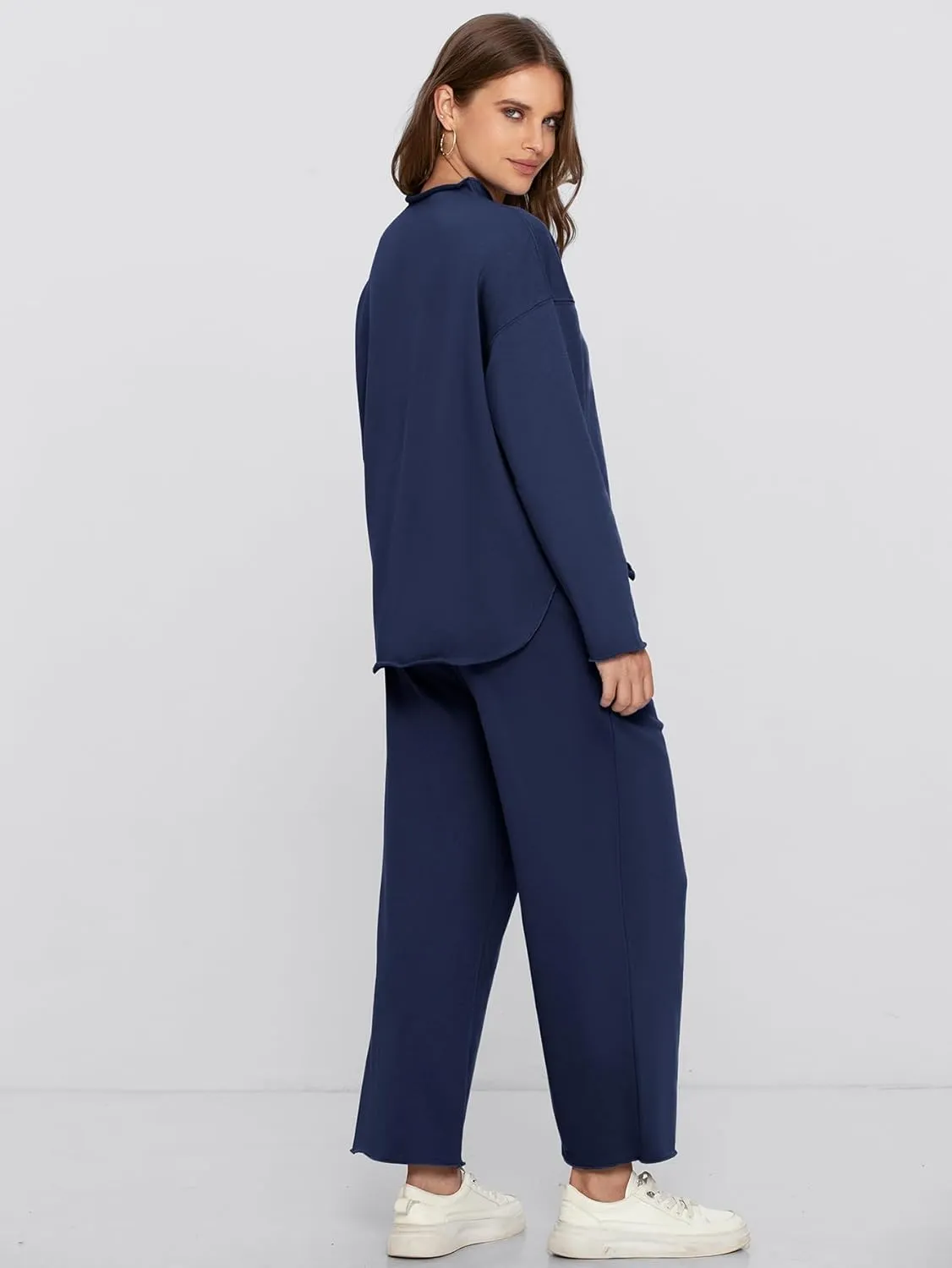 Glamaker Womens 2 Piece Lounge Set Casual Long Sleeve Mock Neck Tops Wide Leg Pant Tracksuit Vacation Travel Outfit 2025