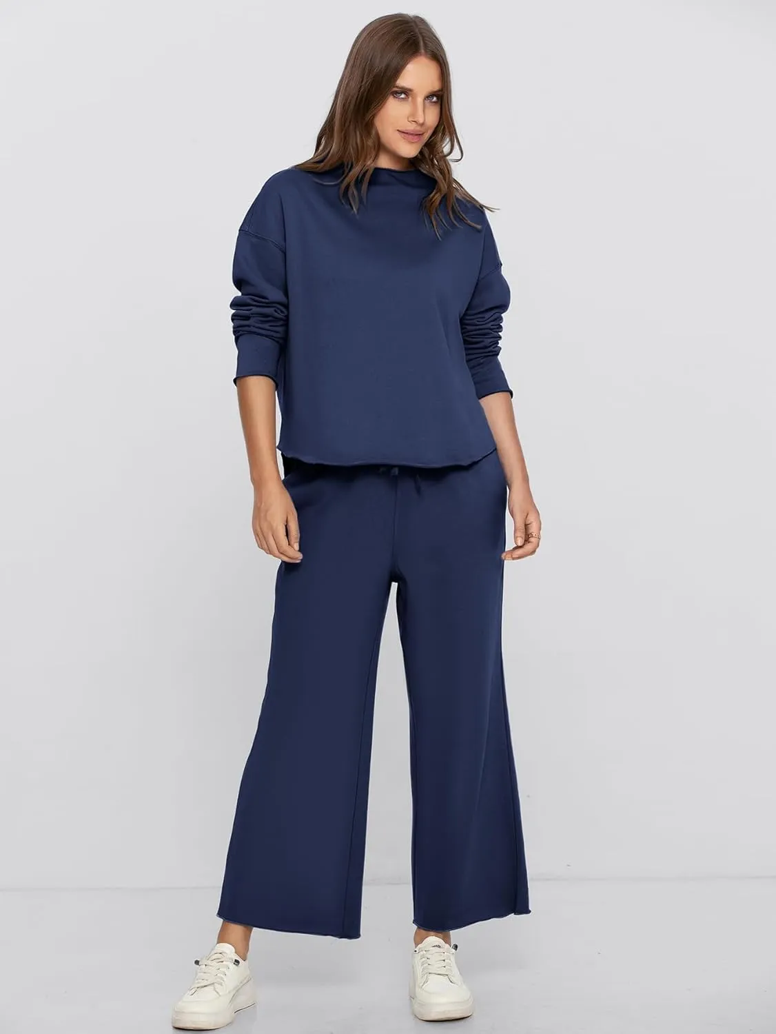 Glamaker Womens 2 Piece Lounge Set Casual Long Sleeve Mock Neck Tops Wide Leg Pant Tracksuit Vacation Travel Outfit 2025