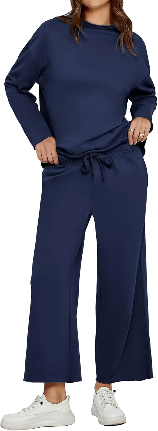 Glamaker Womens 2 Piece Lounge Set Casual Long Sleeve Mock Neck Tops Wide Leg Pant Tracksuit Vacation Travel Outfit 2025