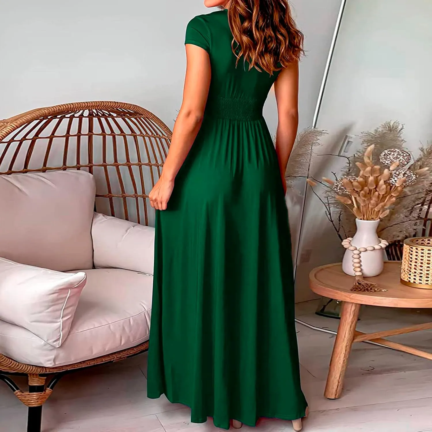 GOKKILRW Wedding Guest Dresses for Women Summer V Neck Ruffle Short Sleeve High Waist Slit Evening Cocktail Party Maxi Dress