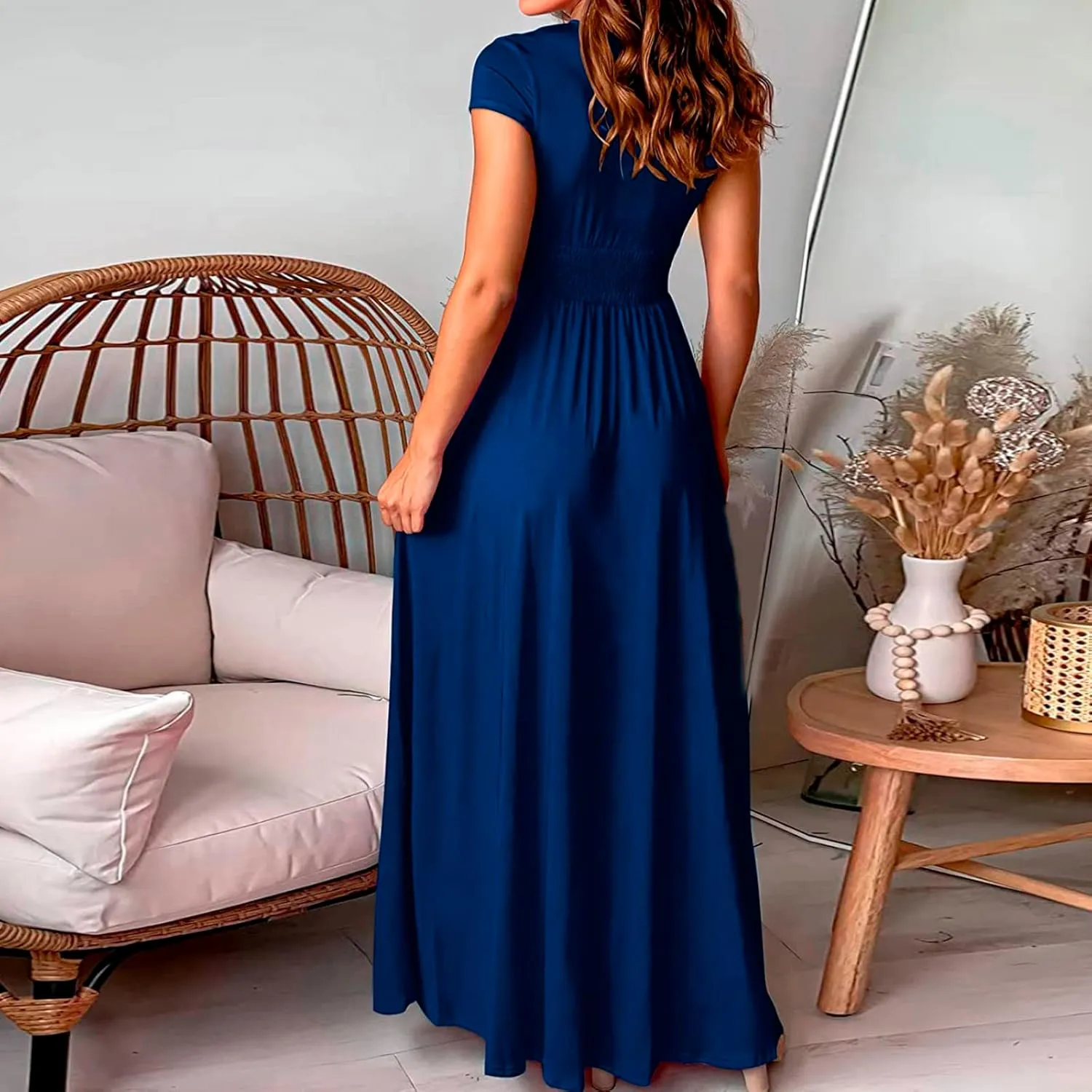GOKKILRW Wedding Guest Dresses for Women Summer V Neck Ruffle Short Sleeve High Waist Slit Evening Cocktail Party Maxi Dress