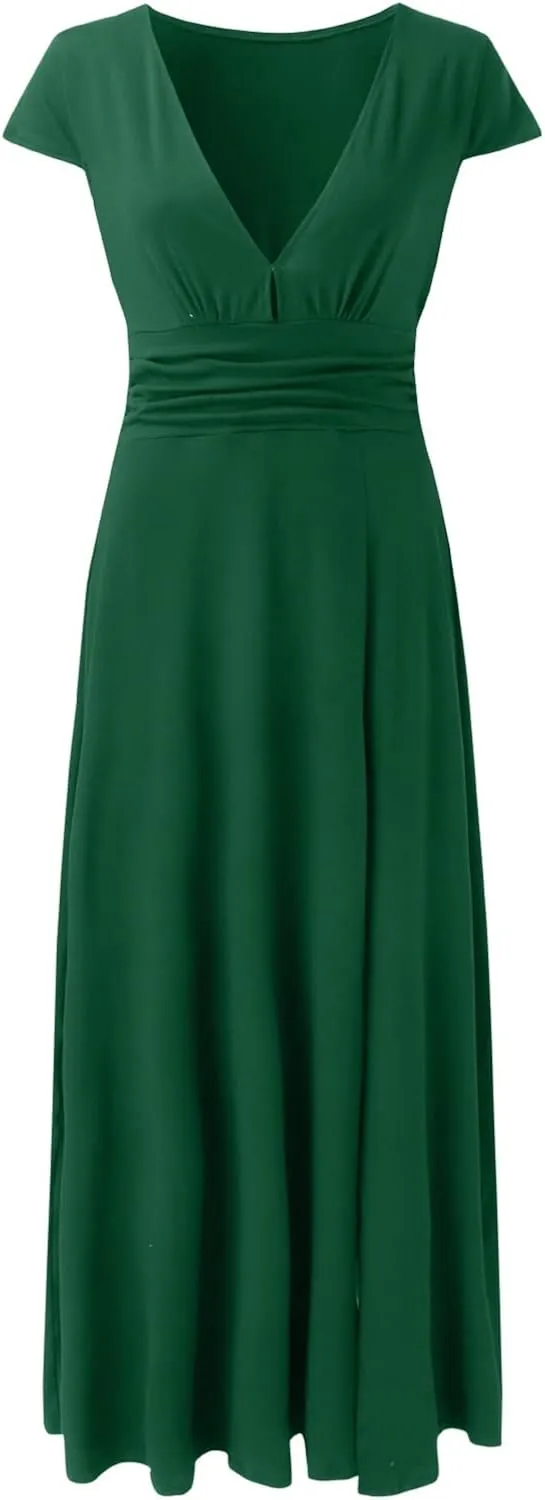 GOKKILRW Wedding Guest Dresses for Women Summer V Neck Ruffle Short Sleeve High Waist Slit Evening Cocktail Party Maxi Dress