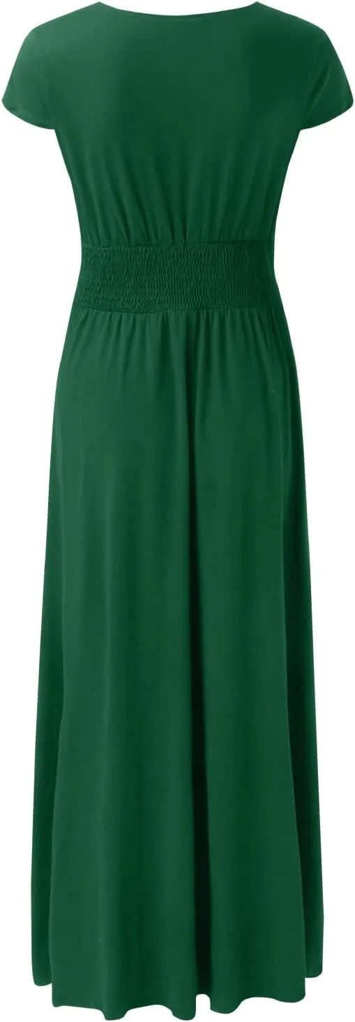 GOKKILRW Wedding Guest Dresses for Women Summer V Neck Ruffle Short Sleeve High Waist Slit Evening Cocktail Party Maxi Dress