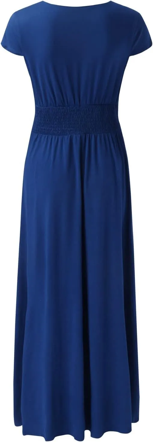 GOKKILRW Wedding Guest Dresses for Women Summer V Neck Ruffle Short Sleeve High Waist Slit Evening Cocktail Party Maxi Dress