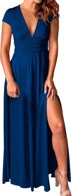 GOKKILRW Wedding Guest Dresses for Women Summer V Neck Ruffle Short Sleeve High Waist Slit Evening Cocktail Party Maxi Dress