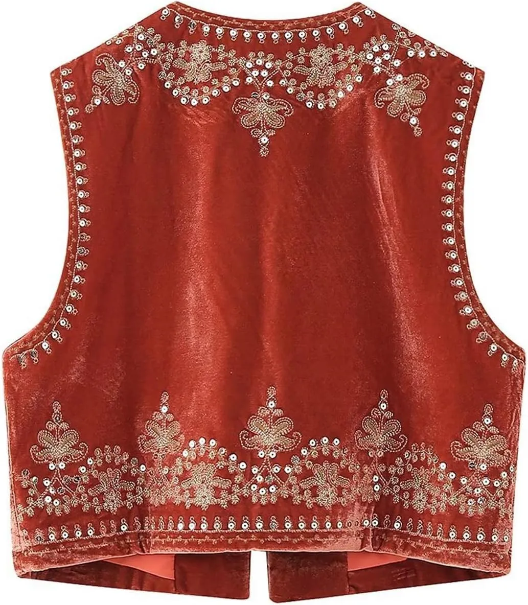 hathne Floral Embroidered Vest for Women Boho Vintage Sleeveless Open Front Cardigan Shirt Waistcoat