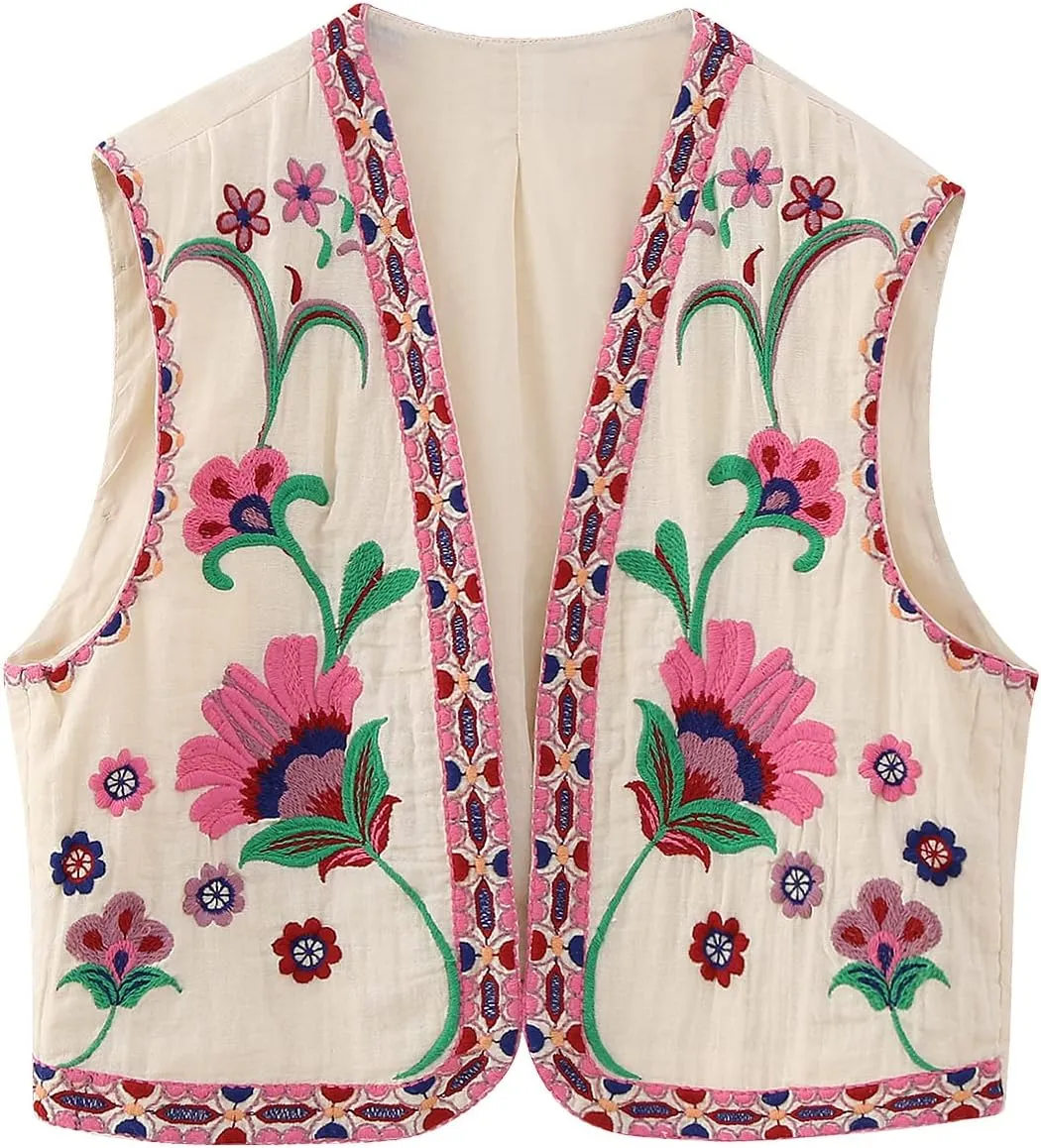 hathne Women's Floral Embroidered Vest Boho Vintage Sleeveless Open Front Cardigan Shirt Vests Waistcoat